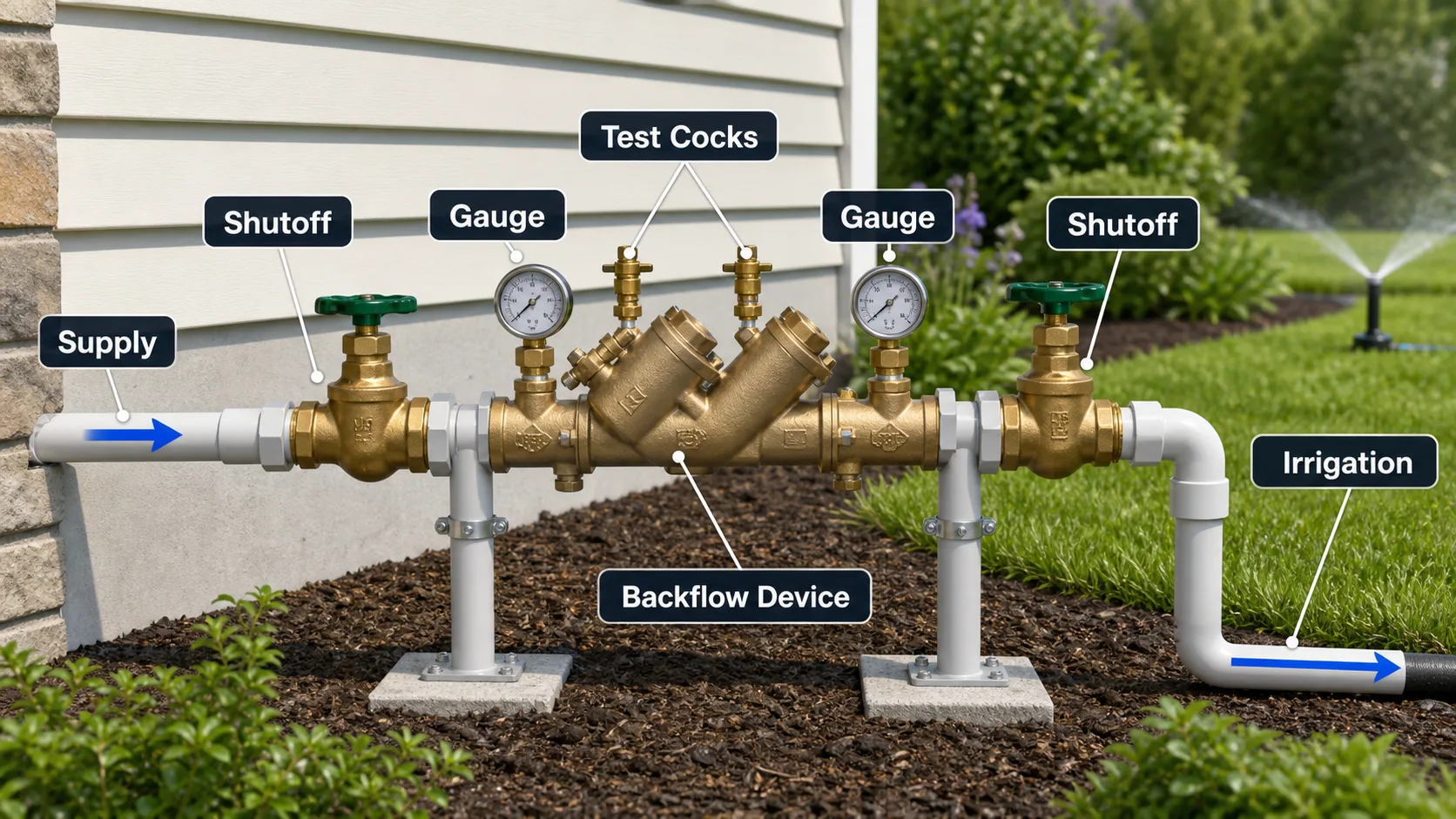 Diagram showing irrigation backflow device, supply line, shutoff valves, test cocks, pressure gauges, and irrigation line