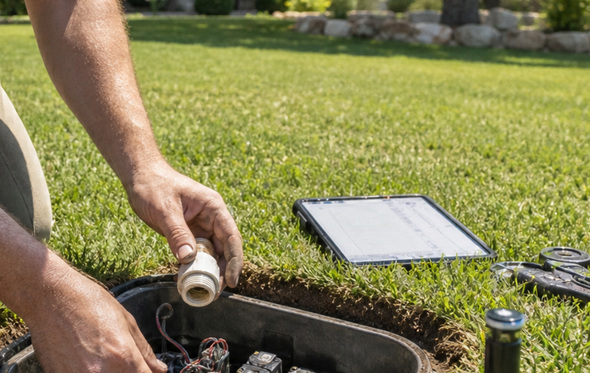Close view of sprinkler valve box parts and diagnostic tools during an irrigation repair cost review