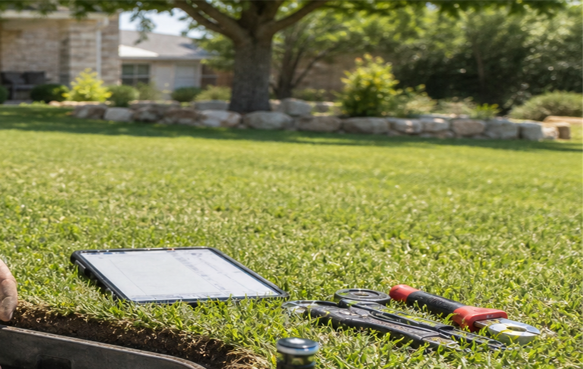 Tablet, pressure gauge, and hand tools laid out beside a sprinkler repair diagnosis area