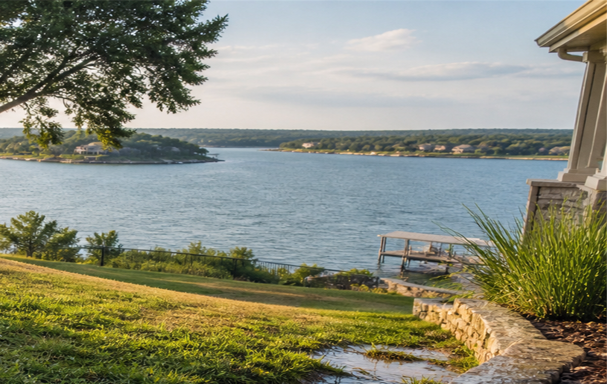 Downhill runoff path on a Lake Granbury lawn near a stone border