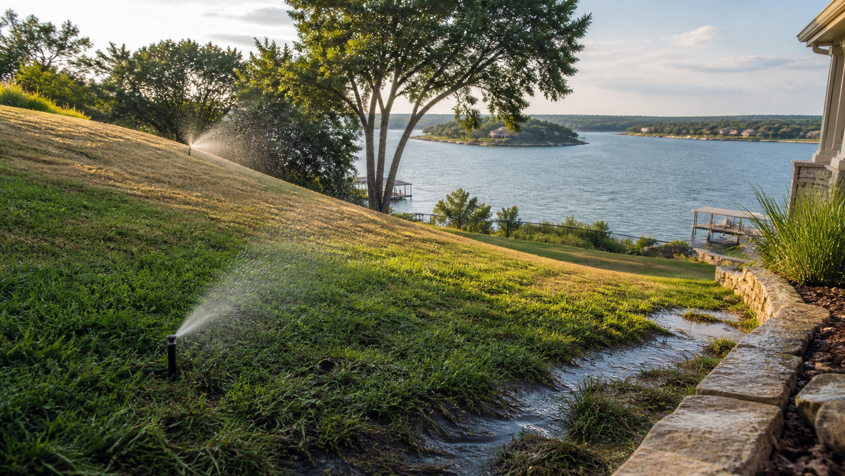 Sloped Lake Granbury yard with sprinkler spray, dry upper turf, and water collecting downhill