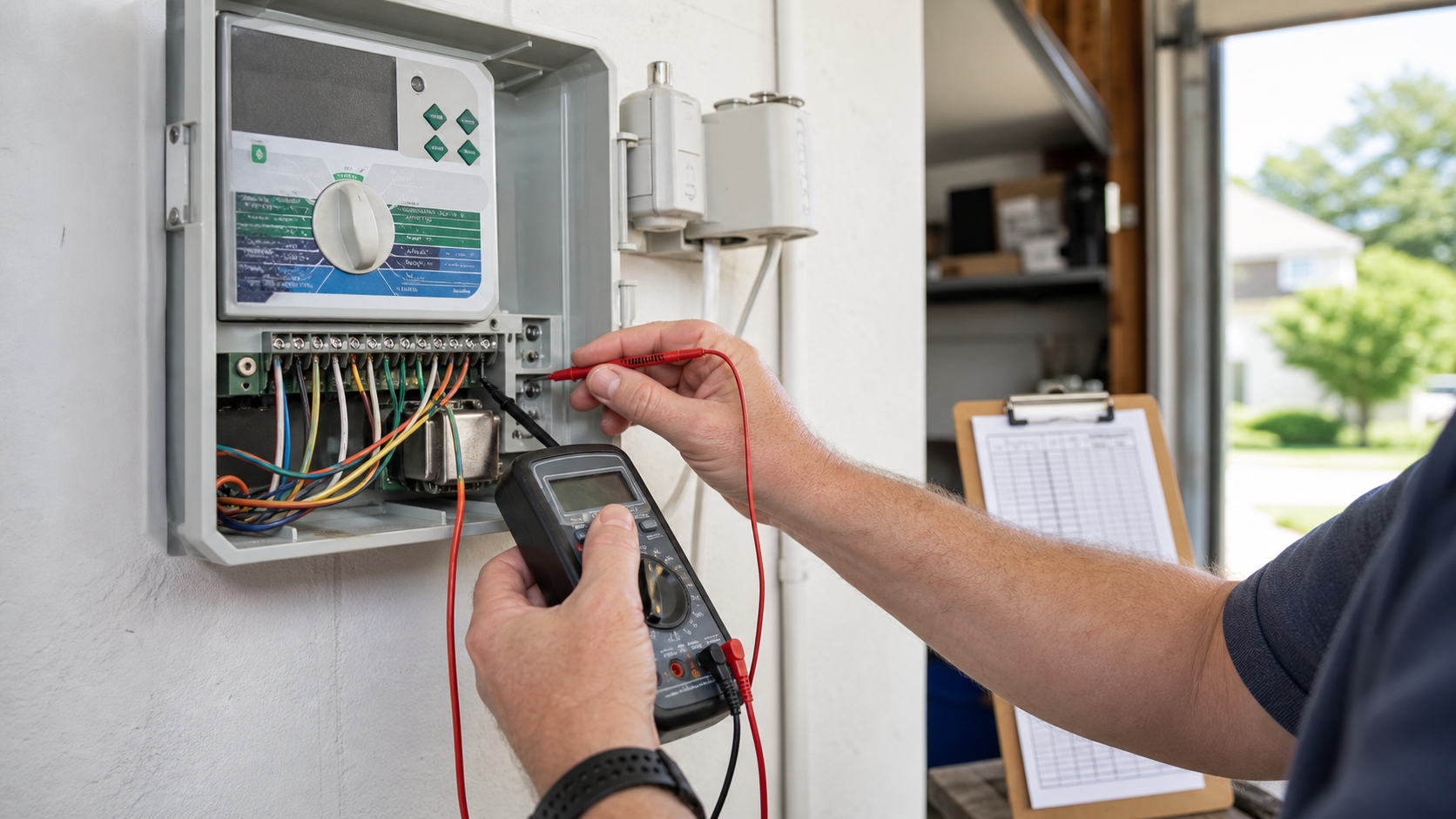 Hands testing low voltage station wires in an open sprinkler controller with a multimeter