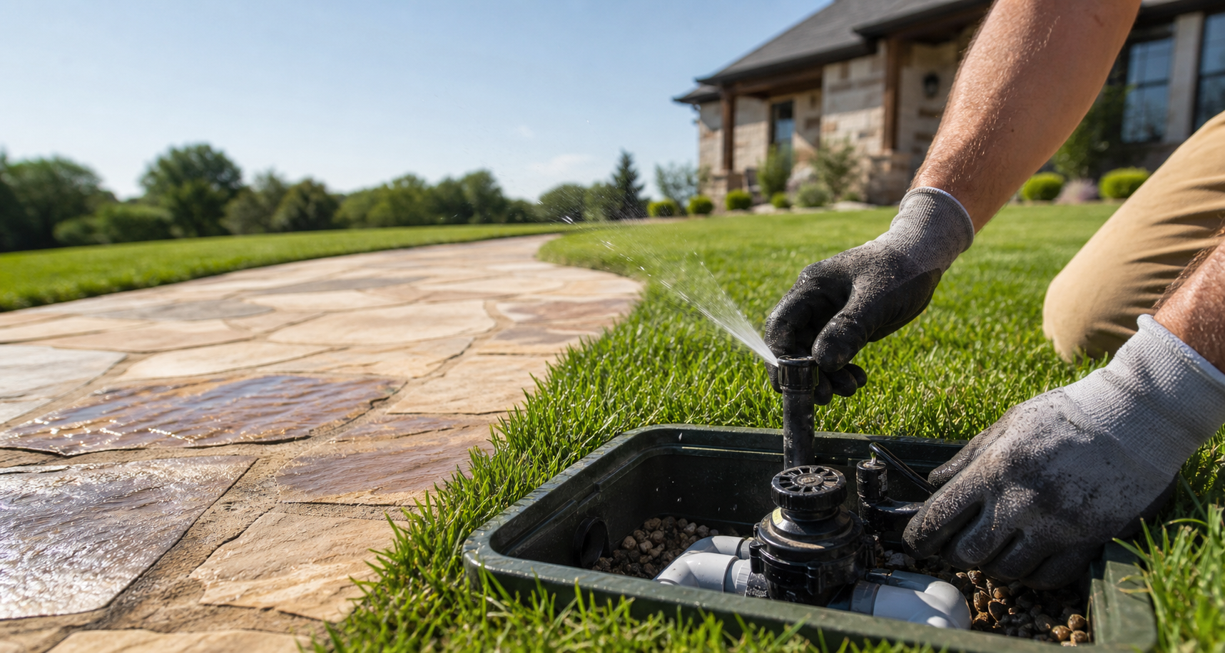 Gloved hands repairing a sprinkler head and valve box beside a Texas lawn